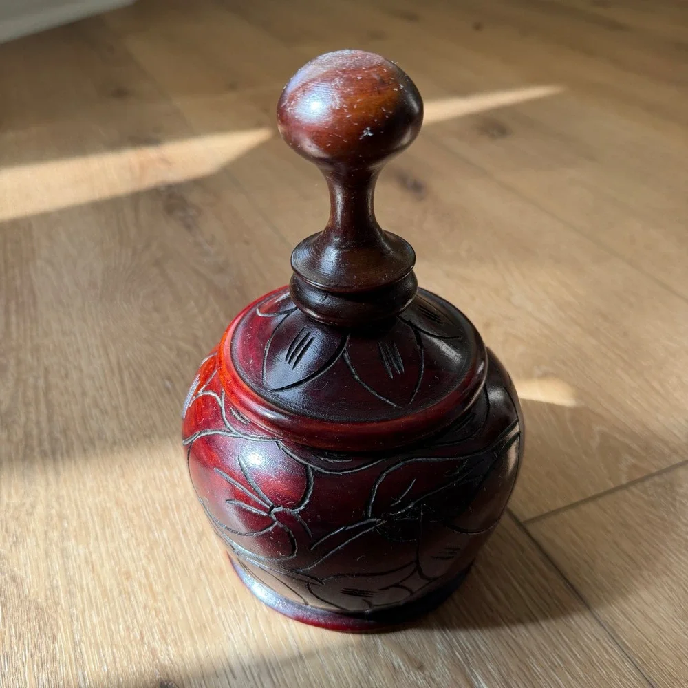 Vintage Hand Carved Wooden Jar with Lid Floral Etched Decorative Vessel Brown